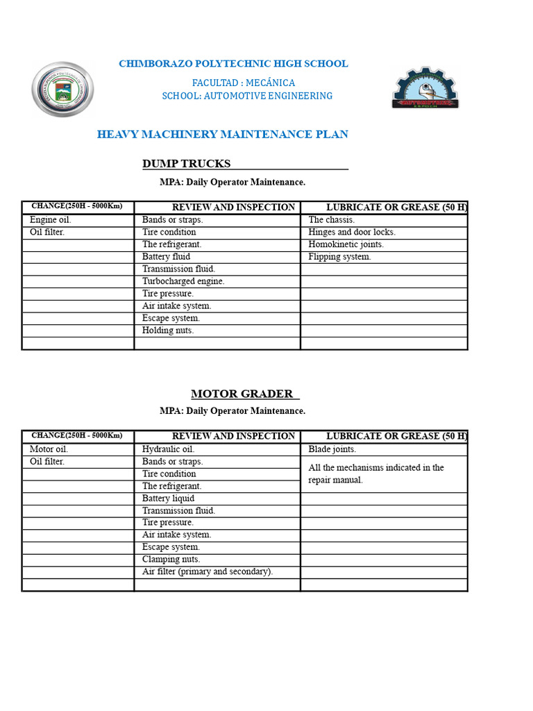 Heavy Machinery Maintenance Plan Guide | PDF | Loader (Equipment) | Truck