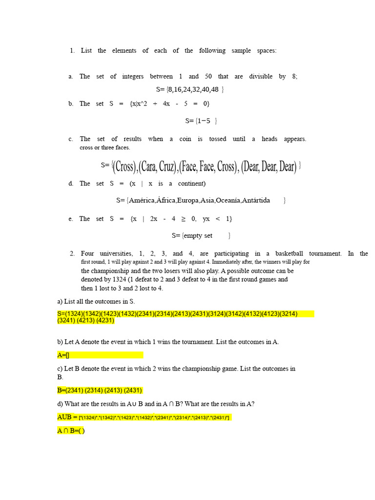 List The Elements of Each of The Following Sample Spaces. | PDF ...