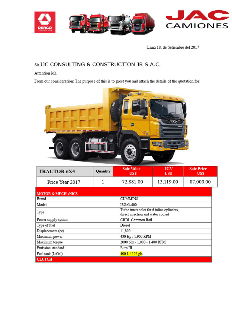 2017 Cummins 6x4 Tractor Quotation | PDF | Truck | Horsepower