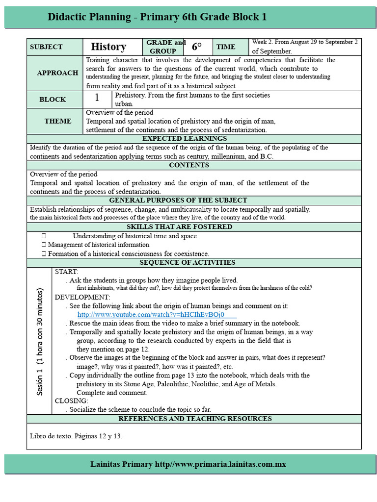 6th Grade History Didactic Planning | PDF | Consciousness | Writing