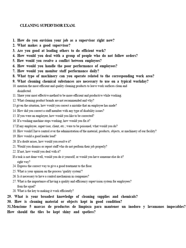 Cleaning Supervisor Exam Questions Guide | PDF | Business