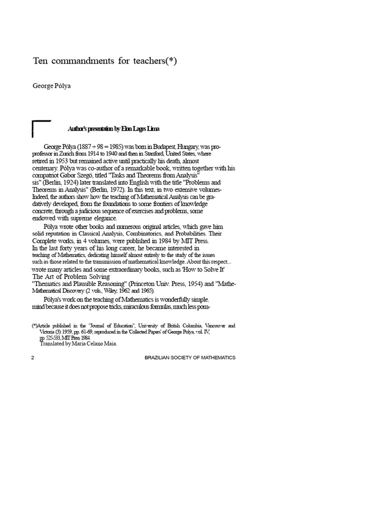 10 Commandments For Mathematics Teachers - George Polya PDF | PDF ...