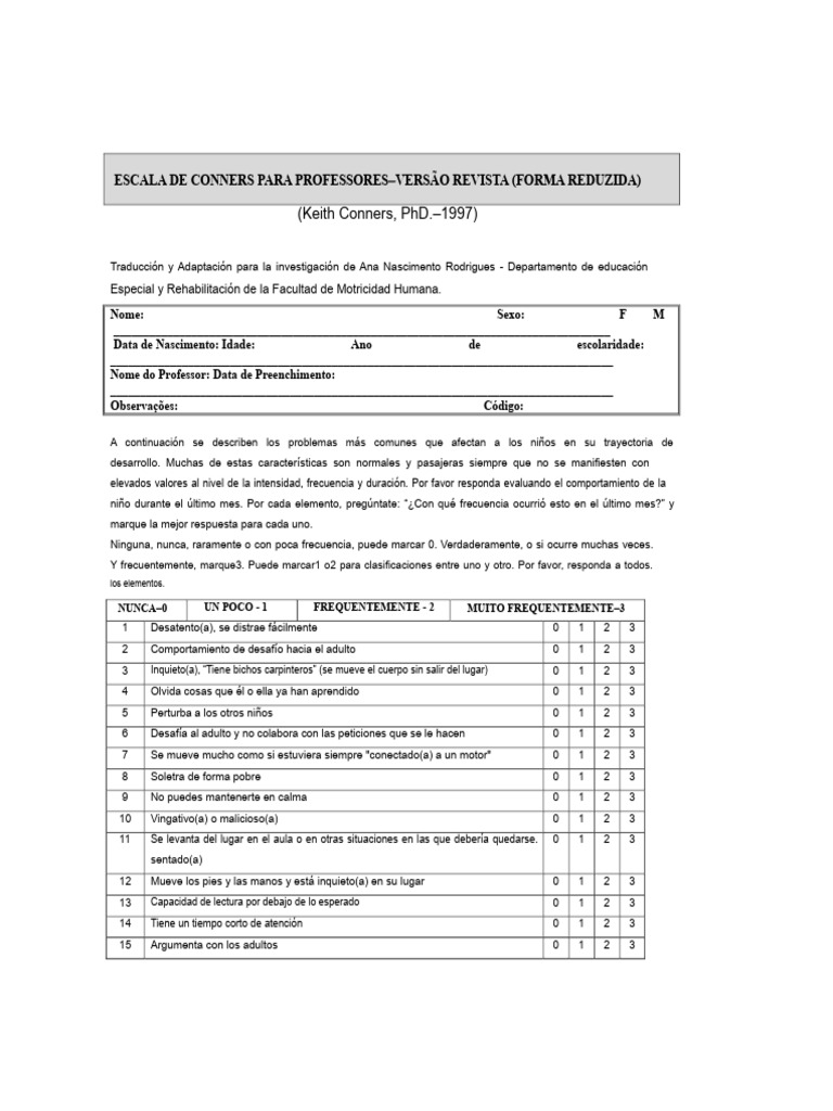 Escala Conners para Evaluación Infantil | PDF