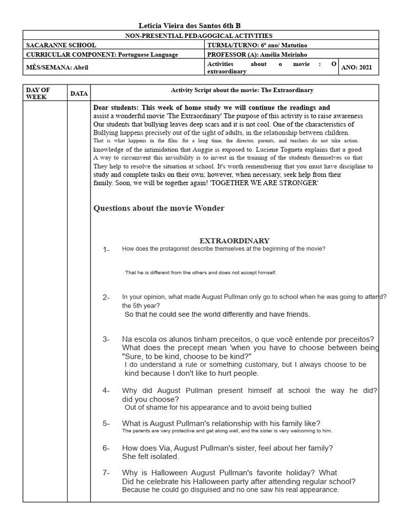 Activities about the movie Wonder | PDF | Bullying