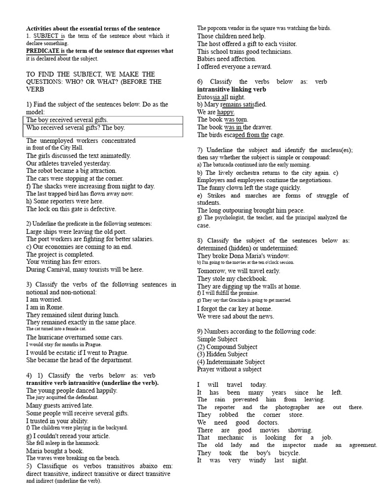 Essential Sentence Structure Activities | PDF | Subject (Grammar) | Verb