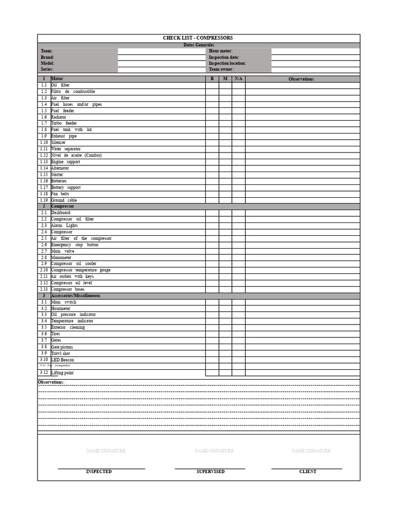 Compressor Inspection Checklist | PDF