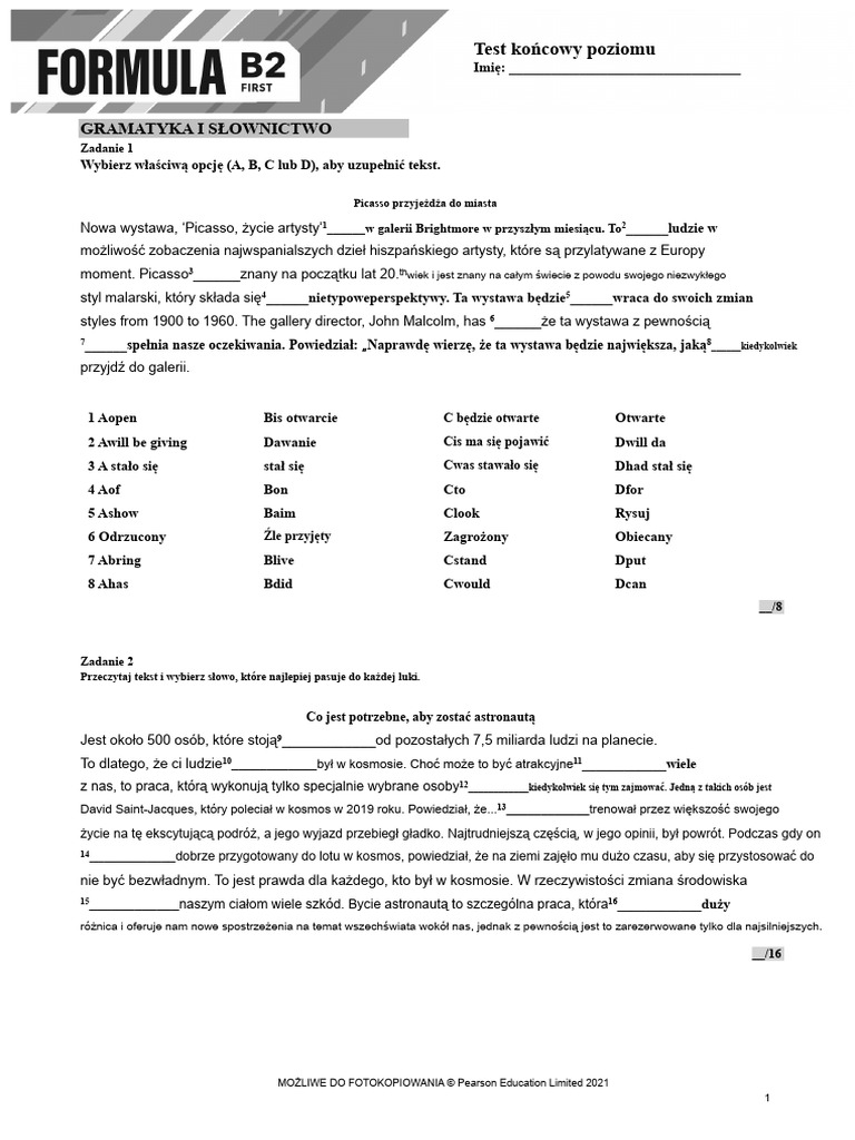 Formuła B2 Test Końcowy Poziom | PDF