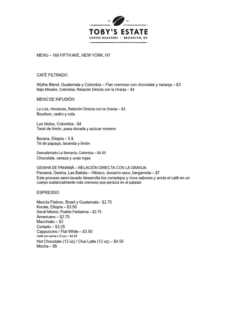 Menú de Toby's Estate Coffee 5th Ave 2013 | PDF