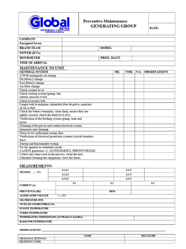 Generator Preventive Maintenance Checklist | PDF