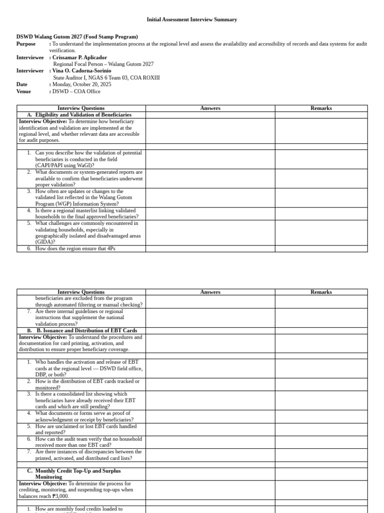 DSWD Food Stamp Program Interview Summary | PDF | Audit