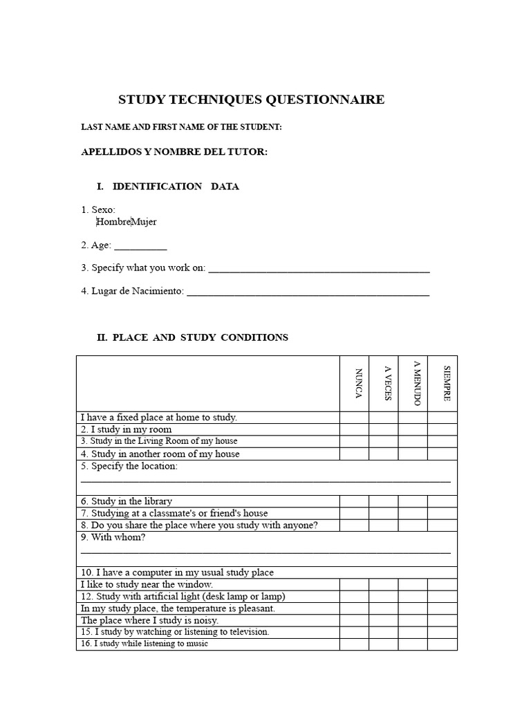 Study Techniques Questionnaire | PDF | Question | Multiple Choice