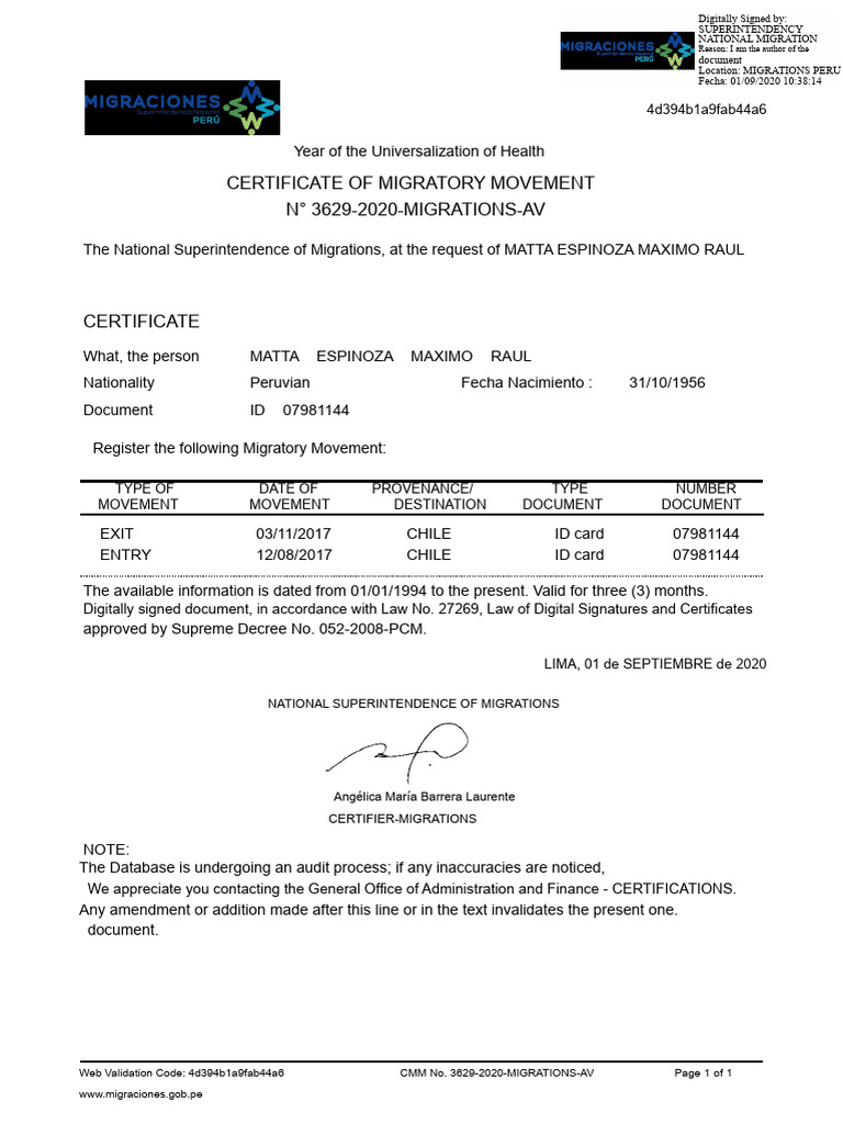 Certificate of Migratory Movement | PDF | Applications Of Cryptography ...