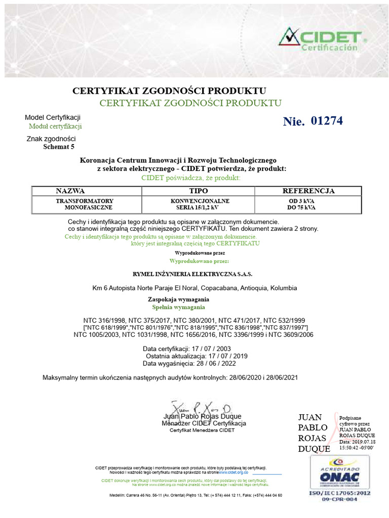 Transformator Jednofazowy RYMEL-CIDET 01274 | PDF