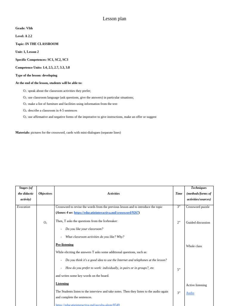 Classroom Activities Lesson Plan VI | PDF | Question | Learning