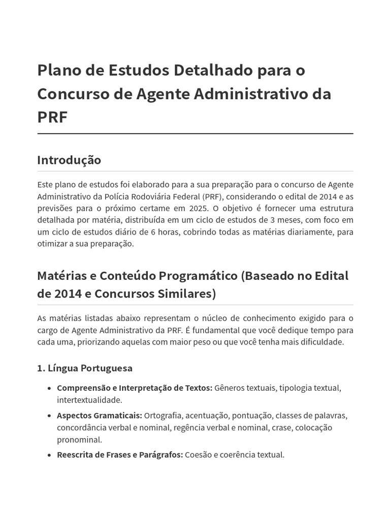 Plano de Estudos para Concurso PRF 2025 | PDF | Administração pública