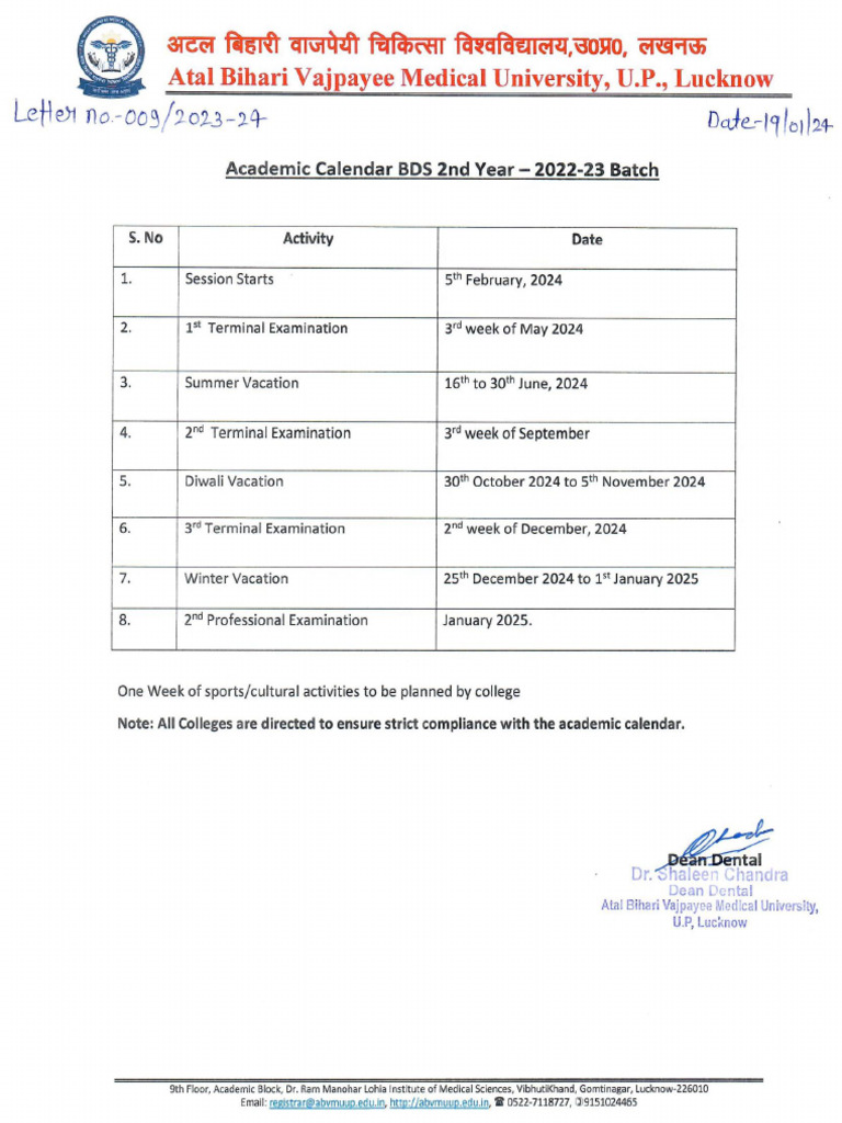 BDS 2nd Year 2022 2023 Batch Academic Calender | PDF
