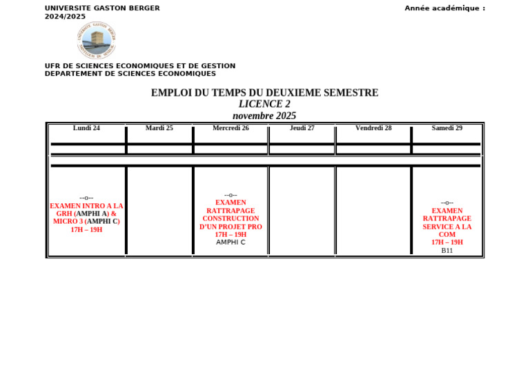 Emploi du temps Licence 2 UGB 2024/2025 PDF — free download