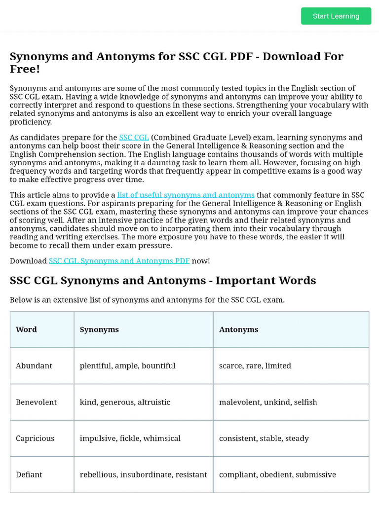 Synonyms and Antonyms for SSC CGL PDF - Download for Free! | PDF