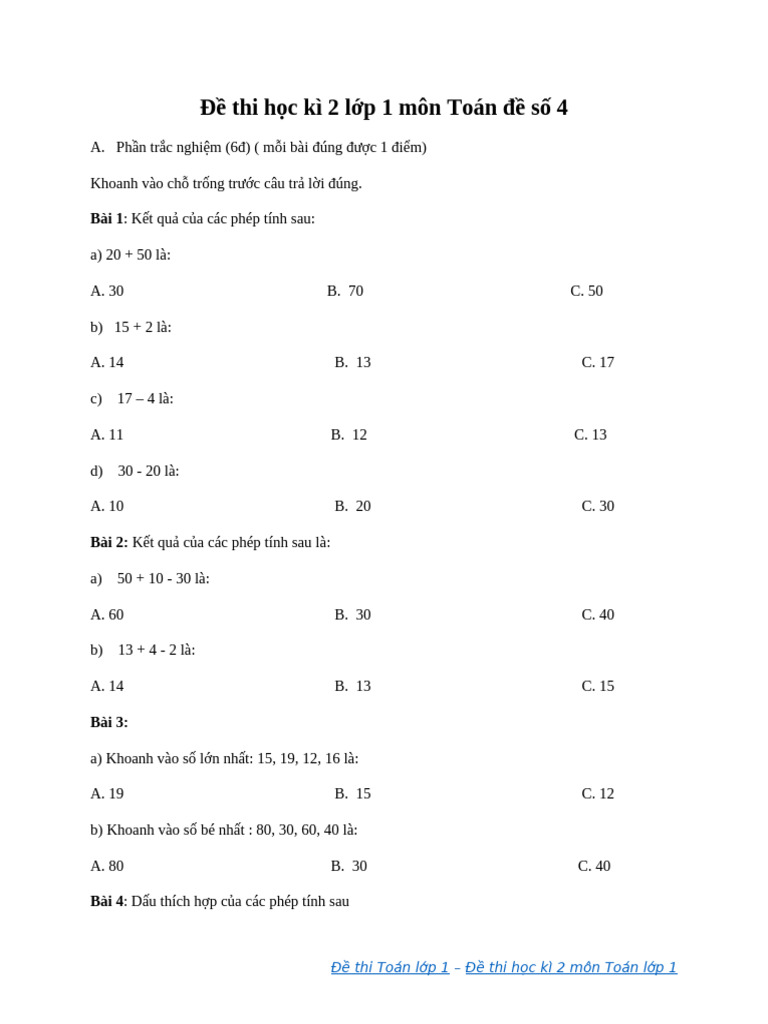 De Thi HK 2 Lop 1 Mon Toan de So 4 Ok | PDF