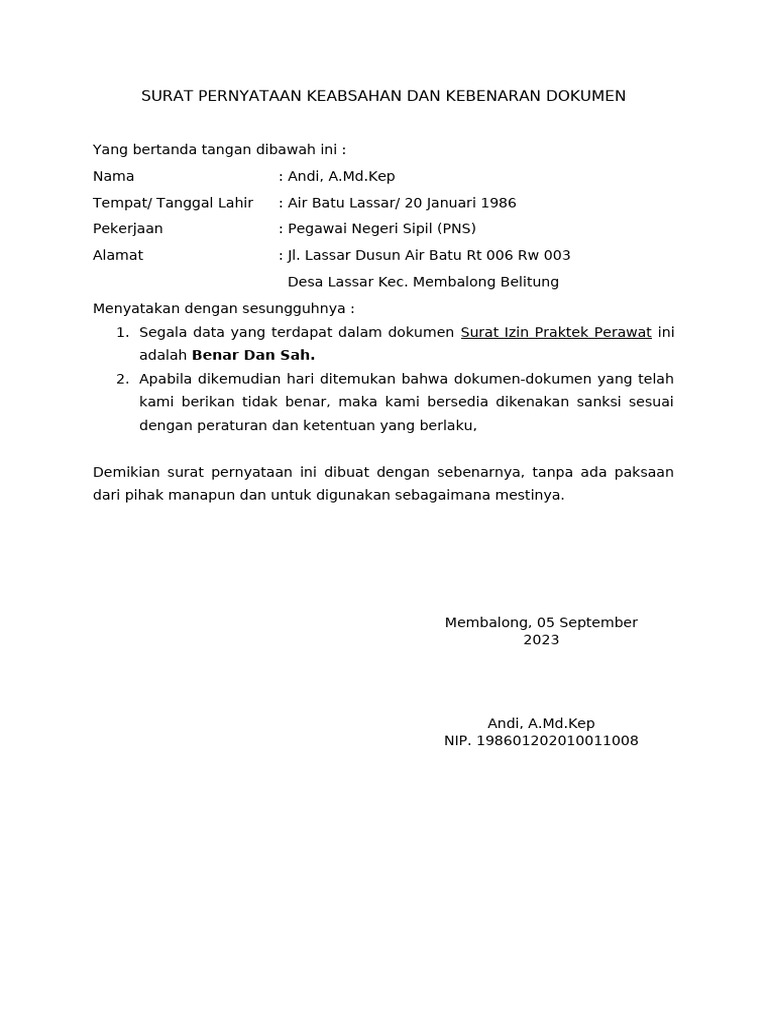 Surat Pernyataan Keabsahan Dokumen | PDF