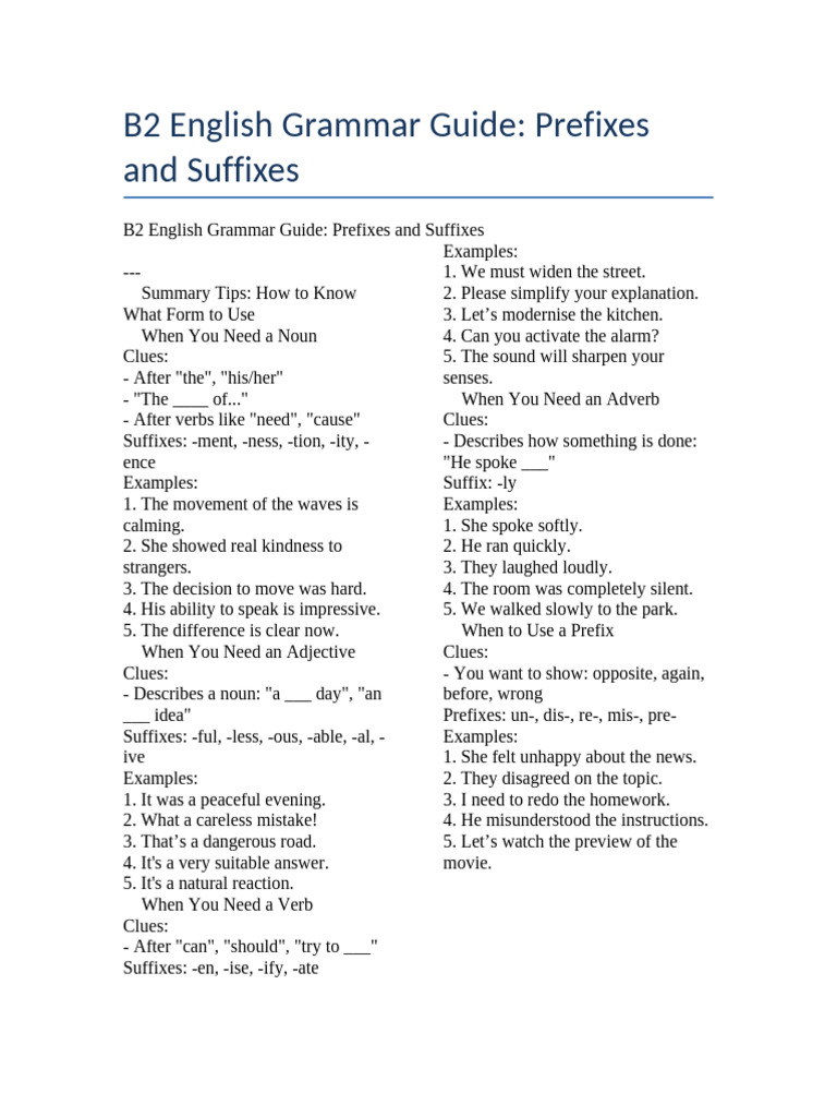 B2 English Grammar: Prefixes & Suffixes | PDF | English Grammar | Verb