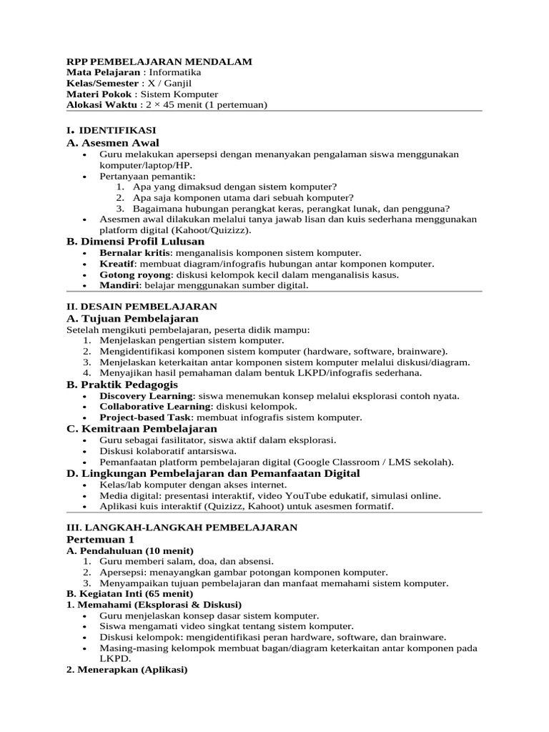 RPP Sistem Komputer Kelas X Informatika | PDF