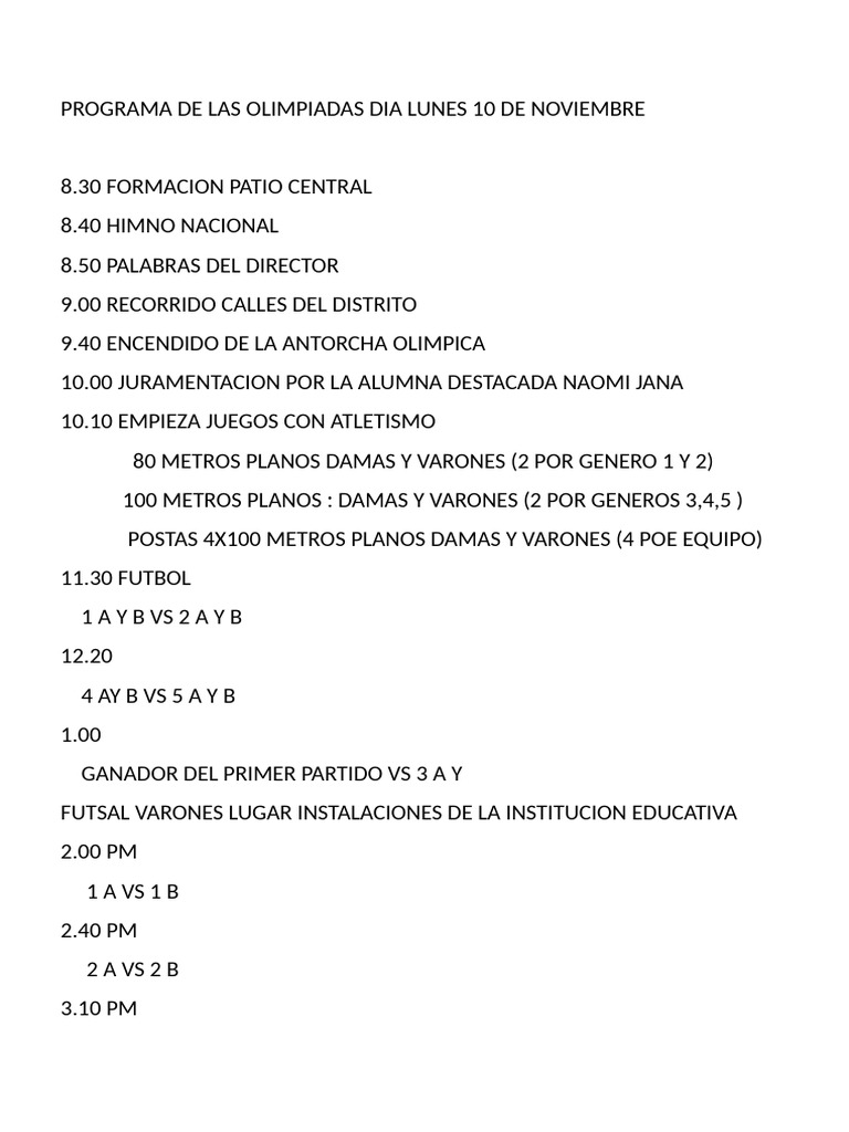 Programa Olimpiadas 10 Noviembre 2023 | PDF