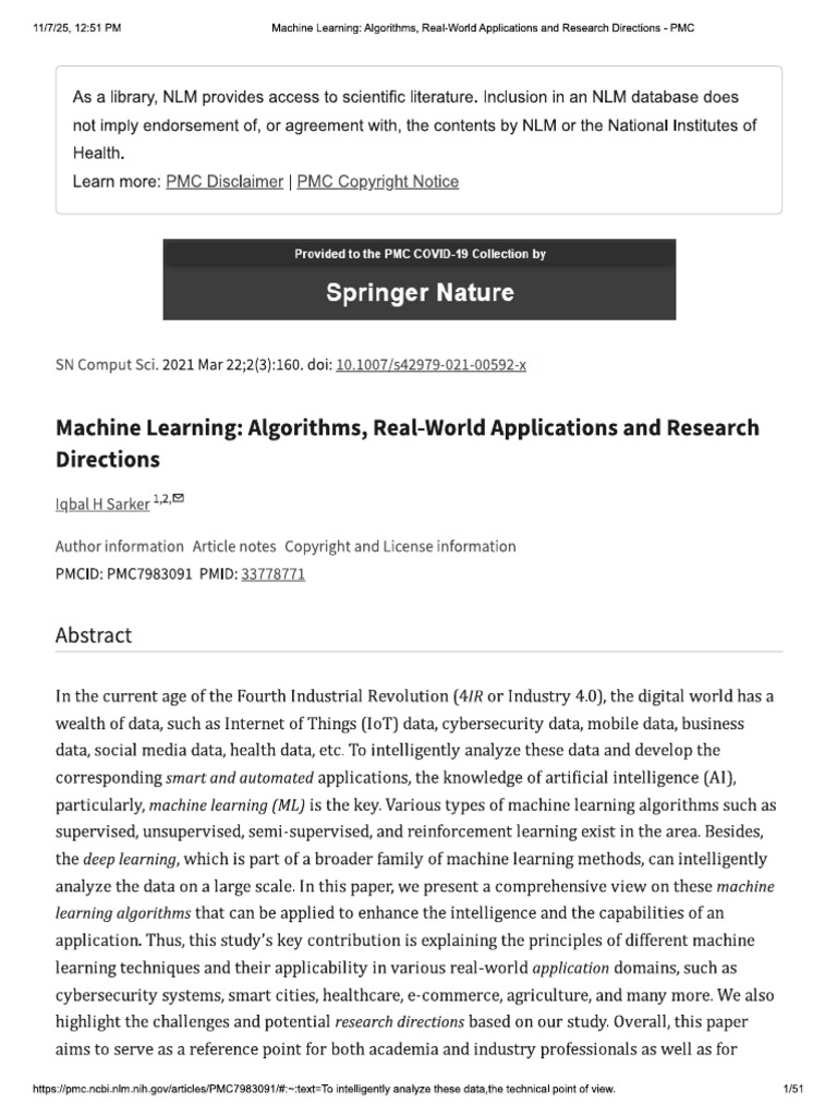 Machine Learning - Algorithms, Real-Worl Ications and Research