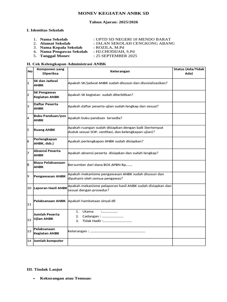 Monev ANBK SD 2025/2026 UPTD 18 Mendo | PDF