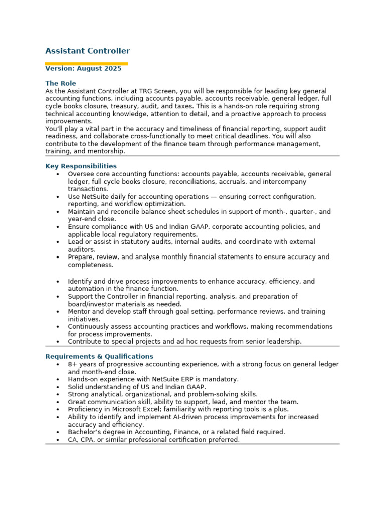 Assistant Controller Job Description | PDF