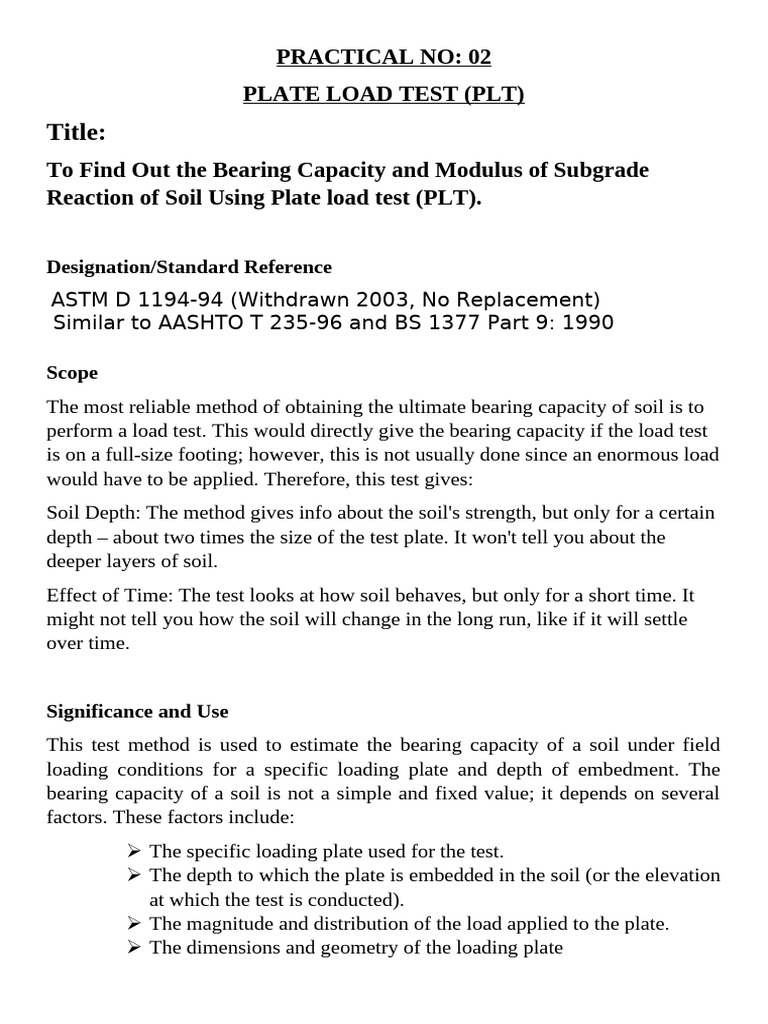 Plate Load Test for Soil Bearing Capacity | PDF | Applied And ...