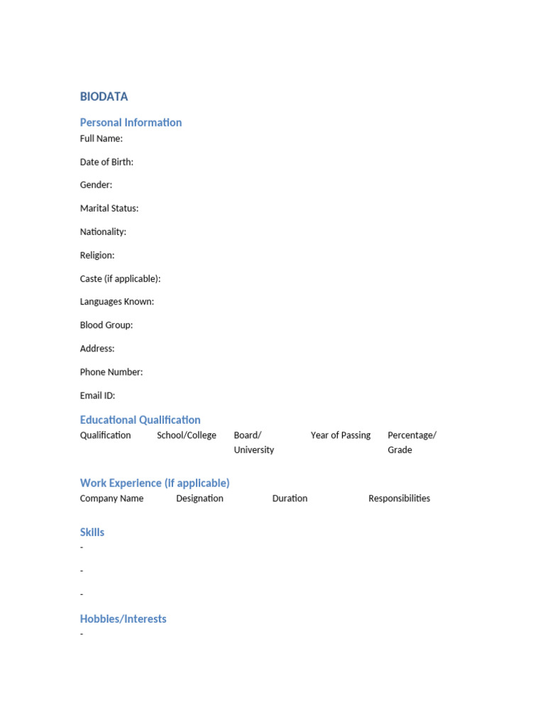 Comprehensive Biodata Template | PDF