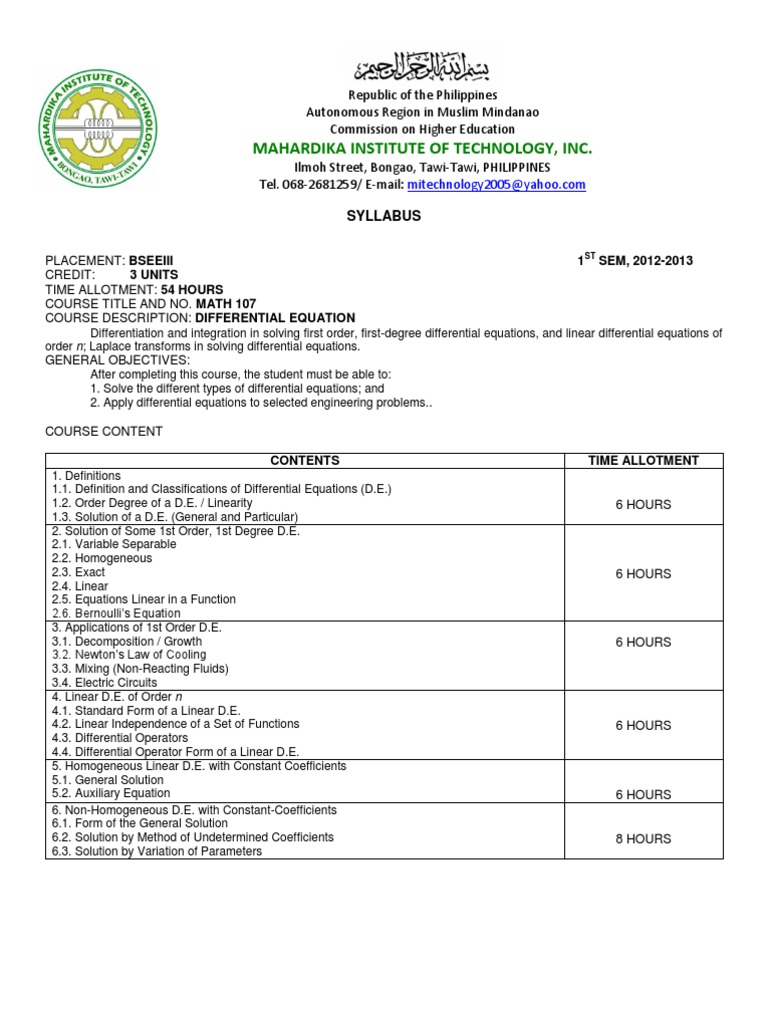 Syllabus in Math107 PDF Differential Equations Equations