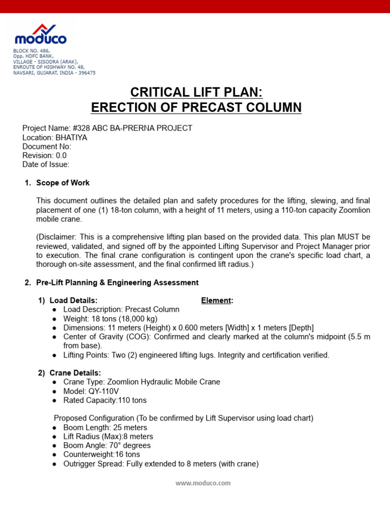 Critical Lift Plan for Precast Column | PDF | Crane (Machine)