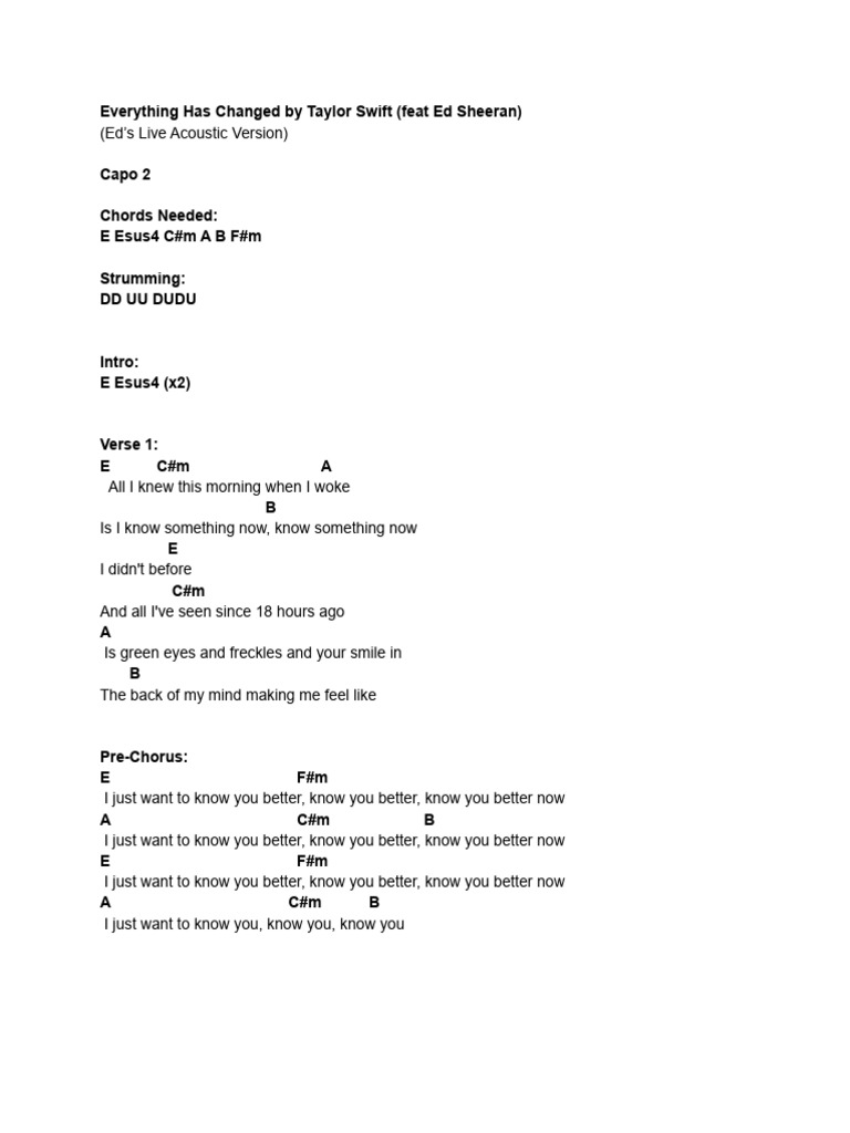 Everything Has Changed Chords & Lyrics | PDF | Song Structure | Pop Songs