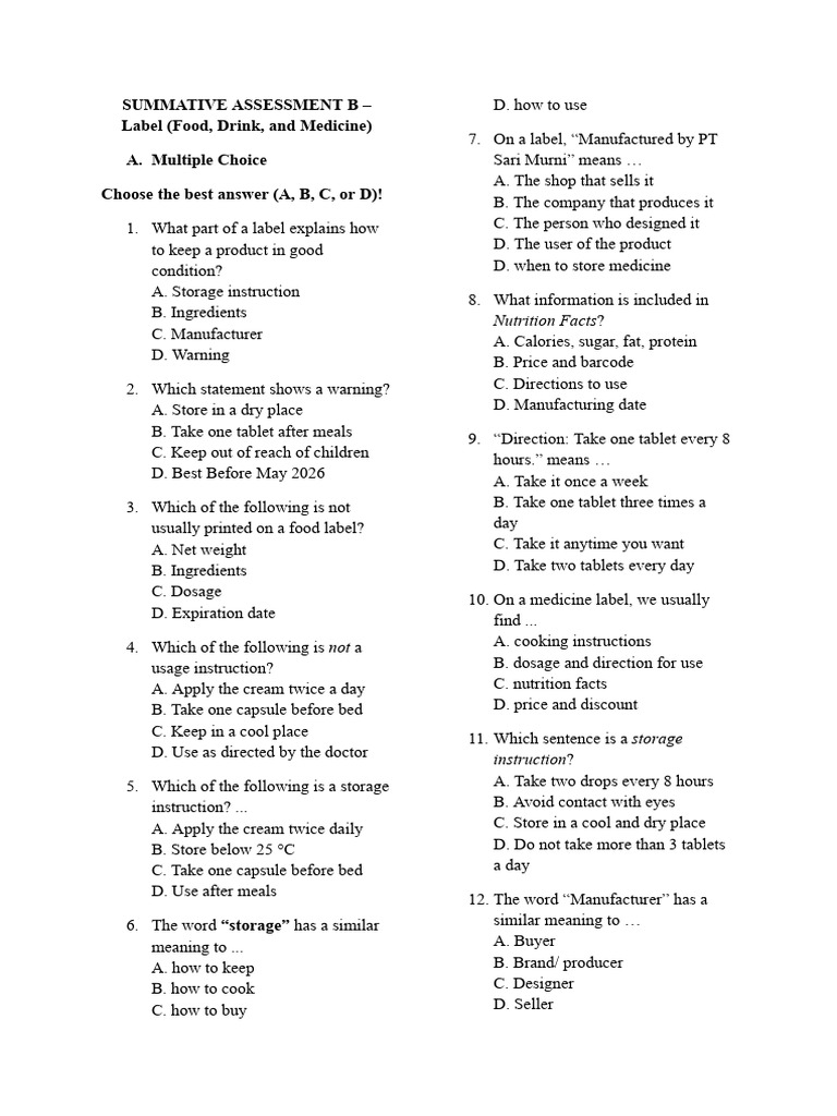 Food and Medicine Label Assessment | PDF | Tablet (Pharmacy)