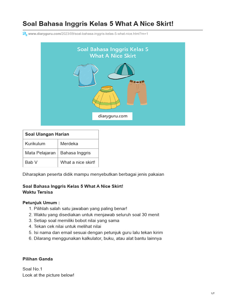 Diaryguru Soal Bahasa Inggris Kelas 5 What A Nice Skirt Pdf