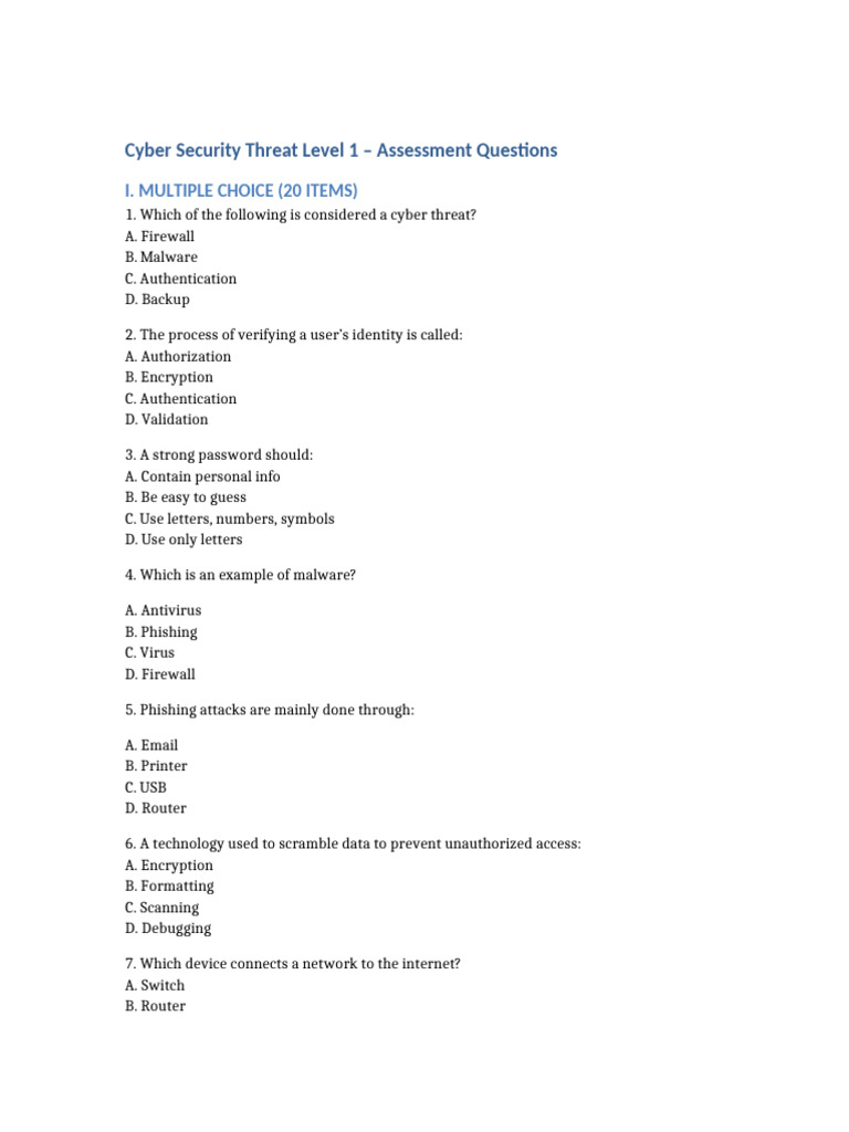 Cyber Security Threat Level 1 Quiz | PDF | Security | Computer Security