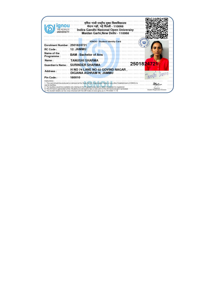 Enrolment Number: RC Code: Name of The Programme: Name: Guardian's Name ...
