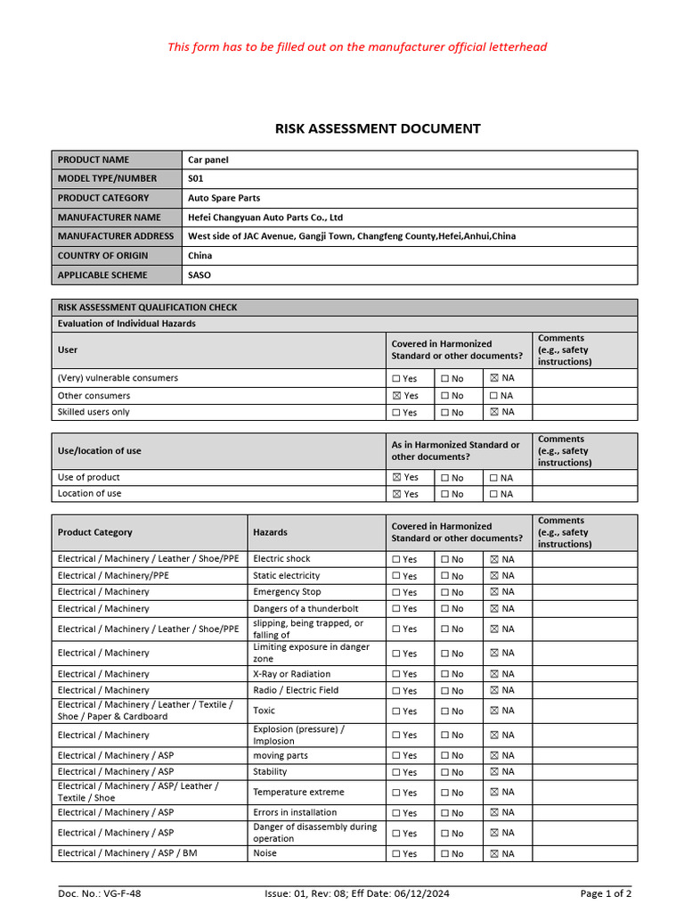 VG-F-48 Risk Assessment Document - Rev 08 2 | PDF | Personal Protective ...