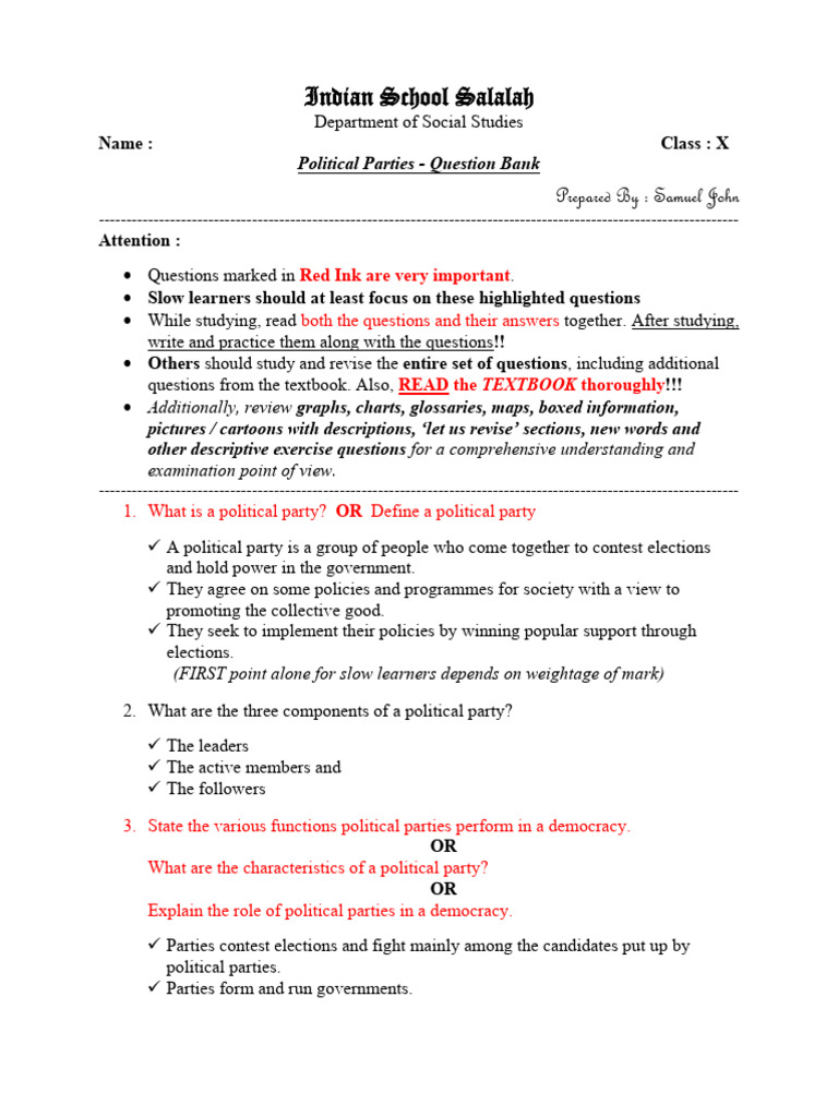 Political Parties - Question Bank | PDF | Political Parties | Political ...