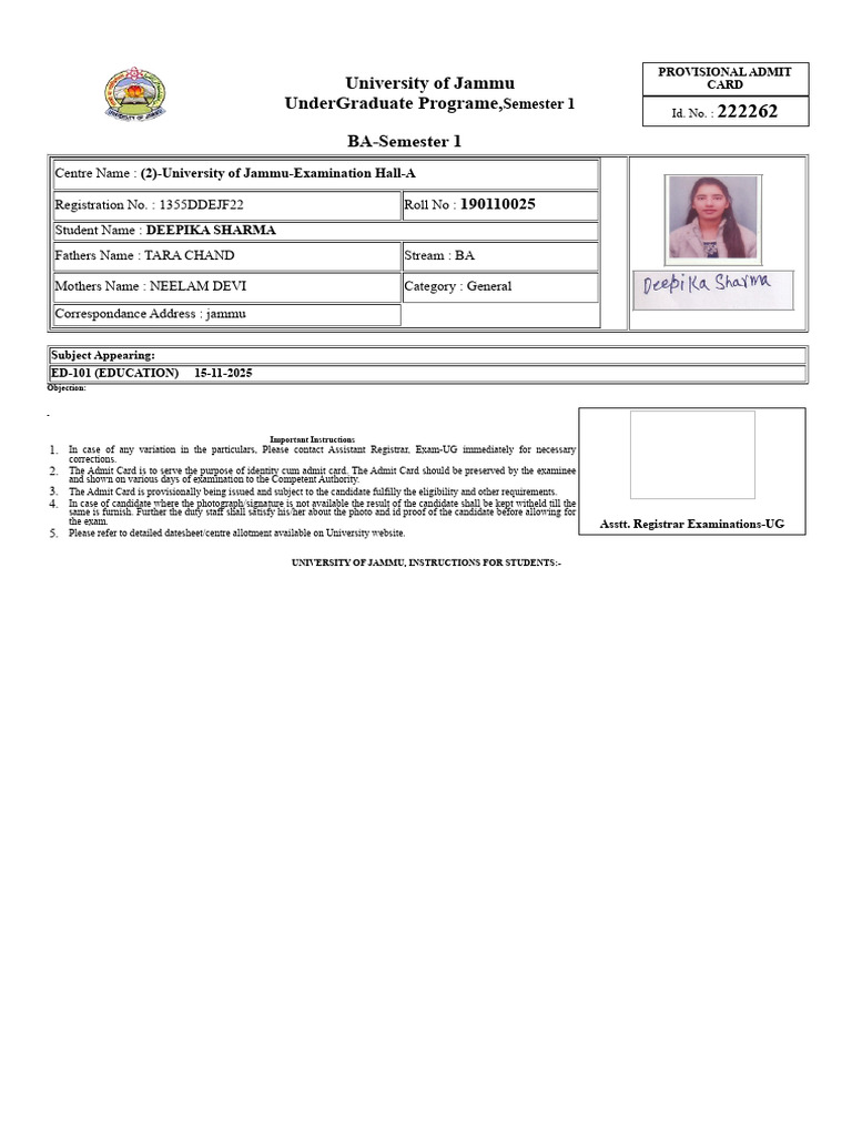 Provisional Admit Card Instructions | PDF