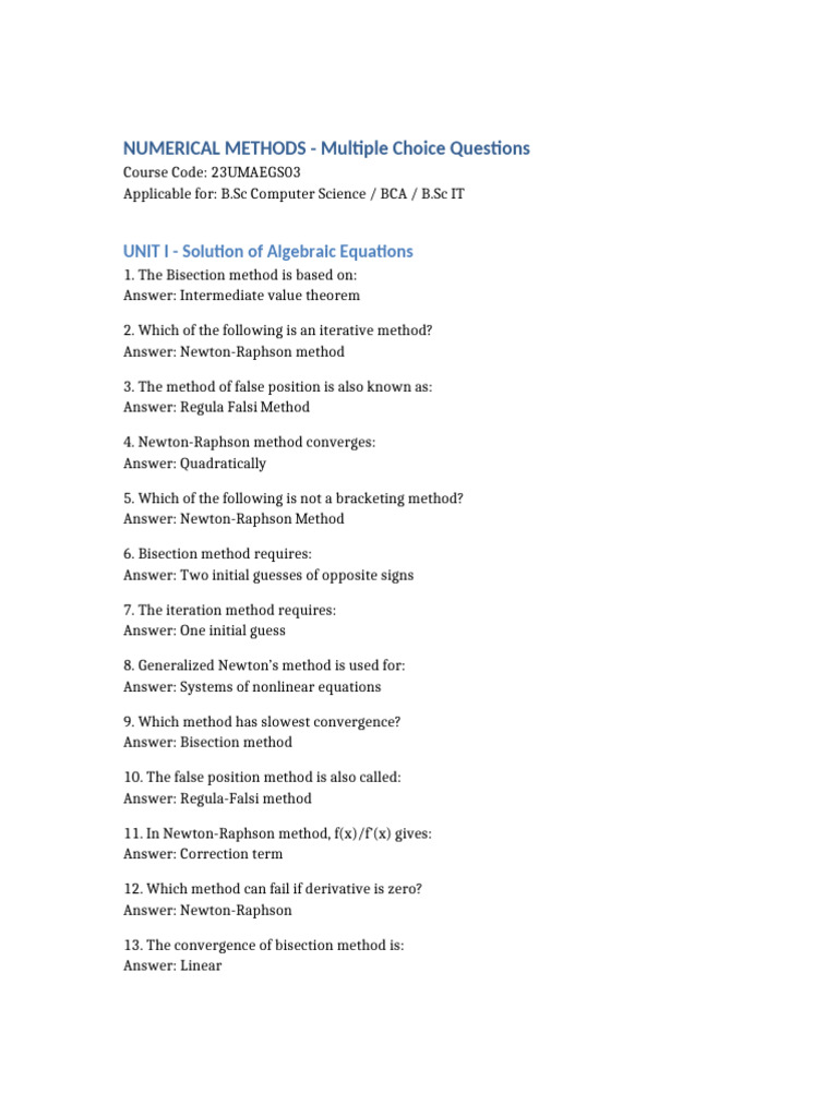 Numerical Methods MCQ Questions | PDF | Mathematical Analysis ...