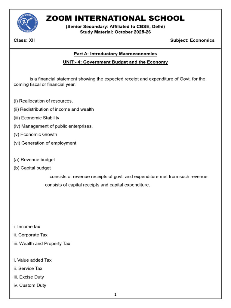 Economics Study Material for Class XII | PDF | Government Budget ...