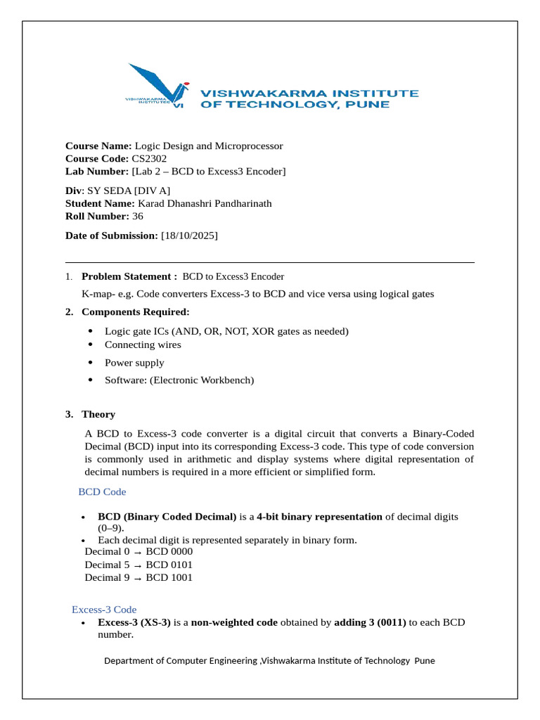 BCD to Excess-3 Encoder Lab Report | PDF | Binary Coded Decimal ...