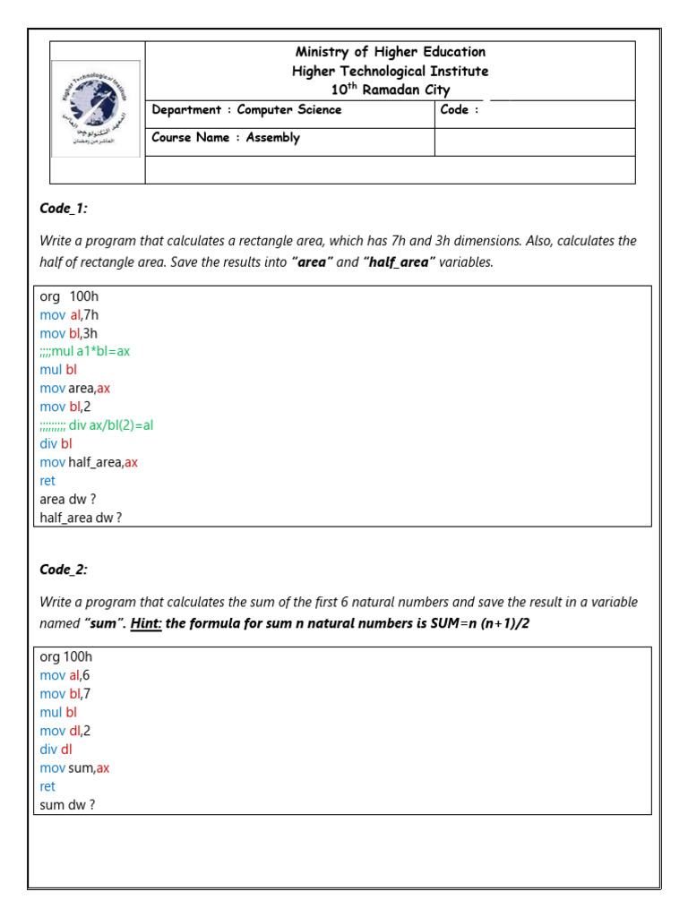 Assembly Programming for Area and Sum Calculations | PDF