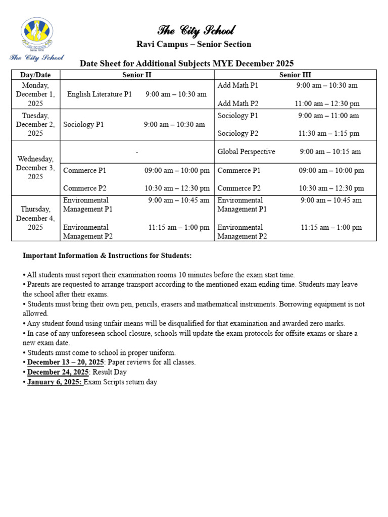 MYE December 2025 Exam Schedule | PDF