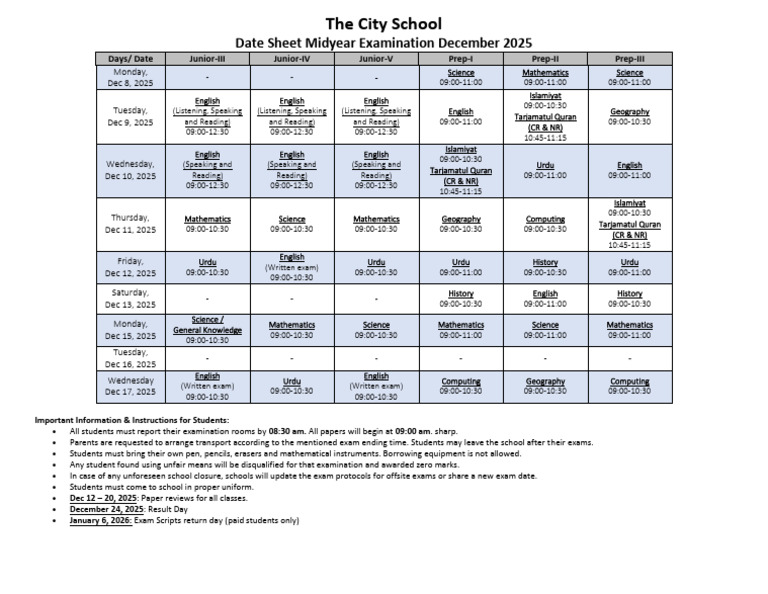 City School Midyear Exam Schedule 2025 | PDF