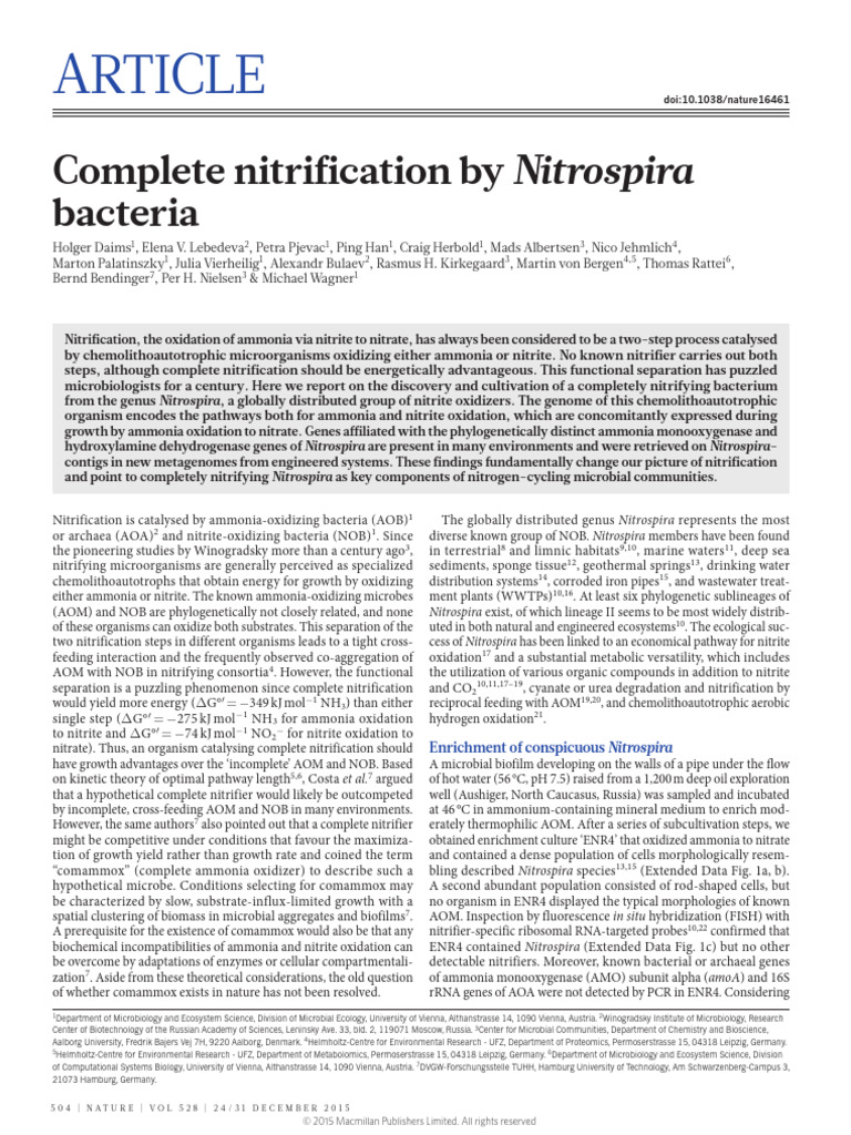 Complete Nitrification by Nitrospira Bacteria | PDF | Biology | Metabolism