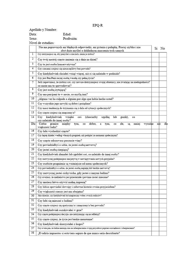 Test Osobowości EPQ-R | PDF
